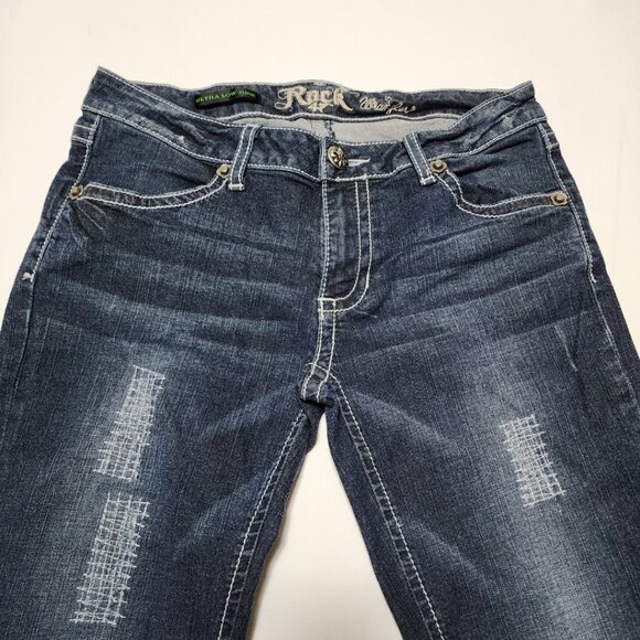 Wrangler Rock 47 Dark Wash Patch Distressed Ultra Low Rise Bootcut Jeans - Picture 3 of 5